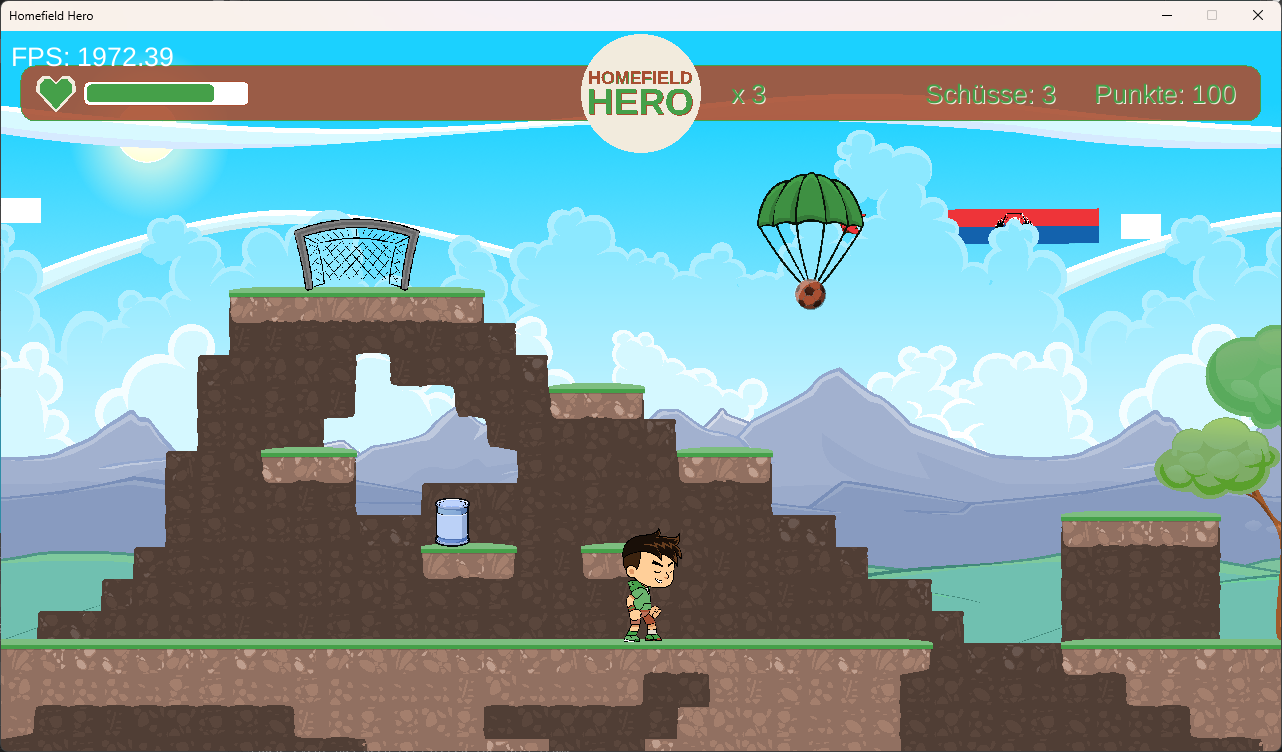 Homefield Hero gameplay showing club colors on the kit, parachute and status display