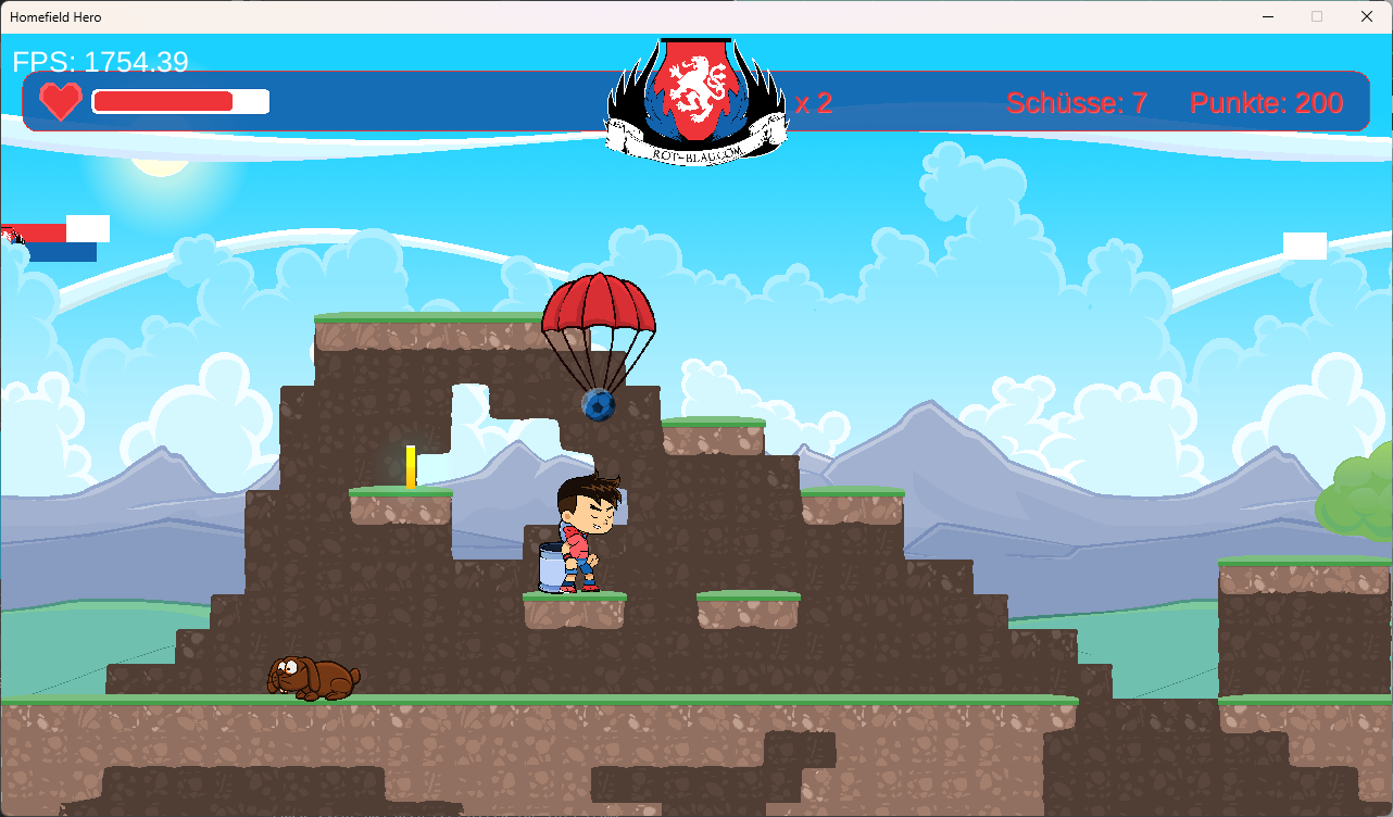 Homefield Hero gameplay showing the Rot-Blau club colors on the kit, parachute and status display